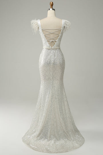 Lentejuelas Blanco Sirena Vestido de Fiesta Con Plumas